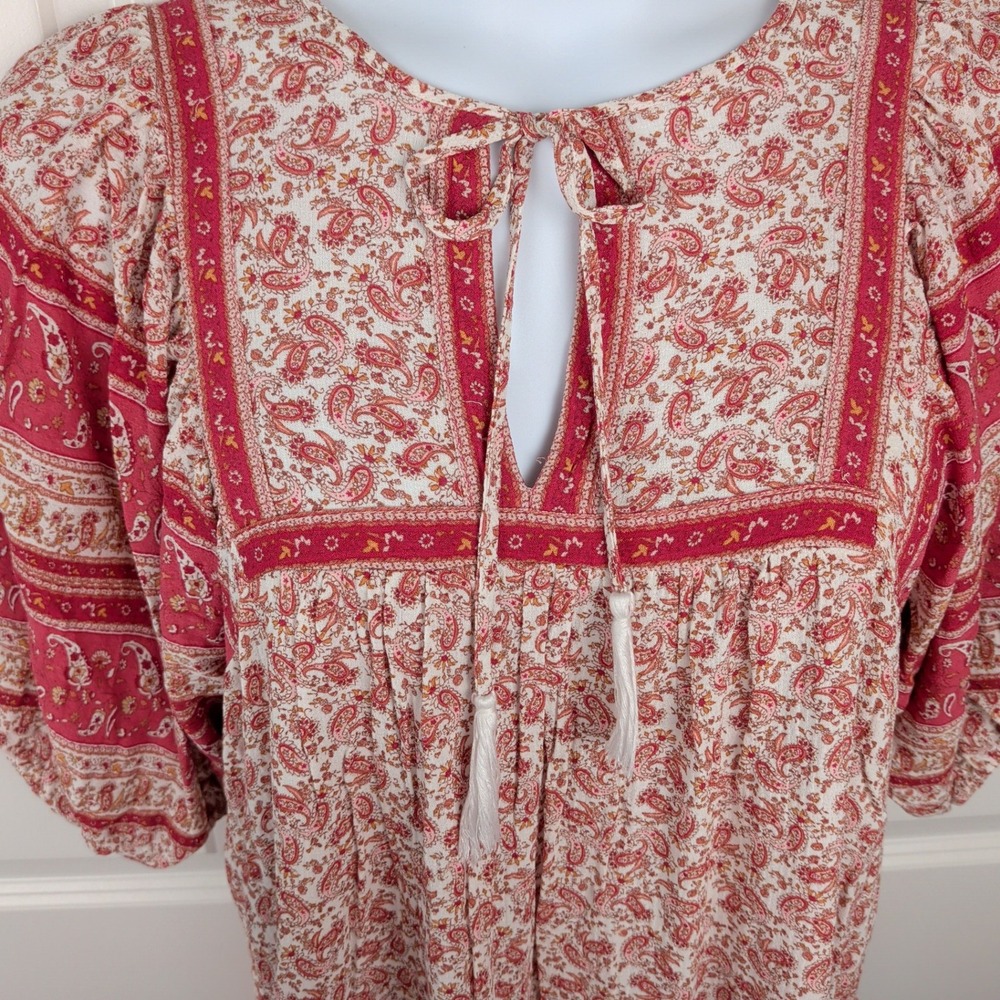 Romantic Red Paisley Peasant Blouse Top Boho Tassel Keyhole Puff Sleeve Sz Small - Picture 4 of 9